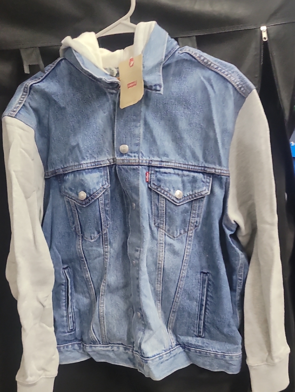 Levi's Blue Denim Jacket with Light Gray Hoodie Sleeves Size Large  New With Tag